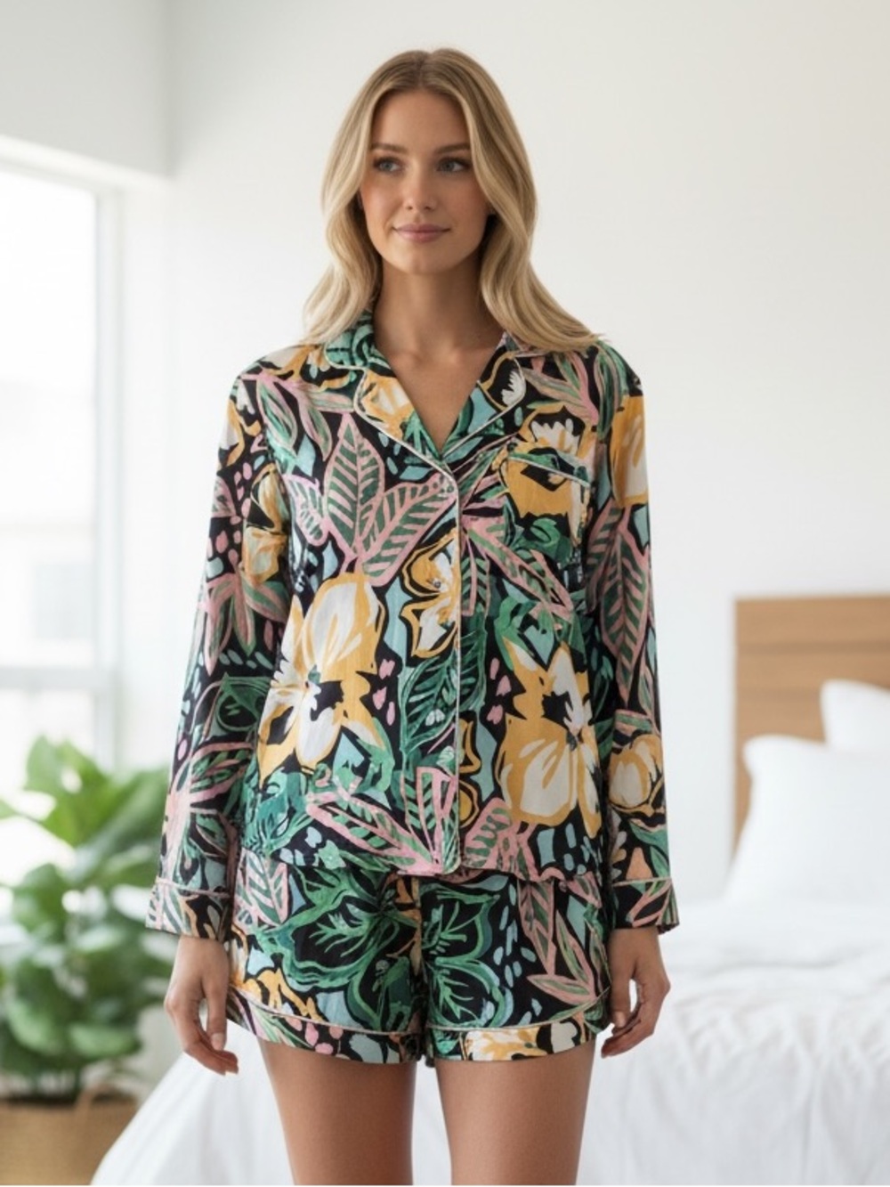 Kittenish Black, Pink & Green Tropical Print Button-Up